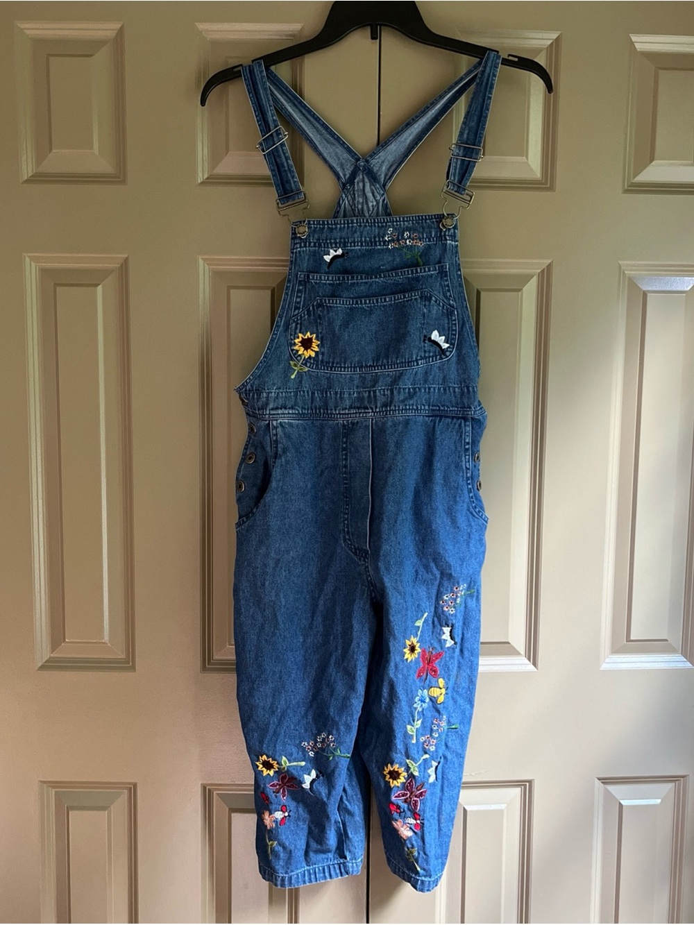 Agapo Overalls Womens M Blue Denim Embroidered Floral Cropped Wide Leg Bib